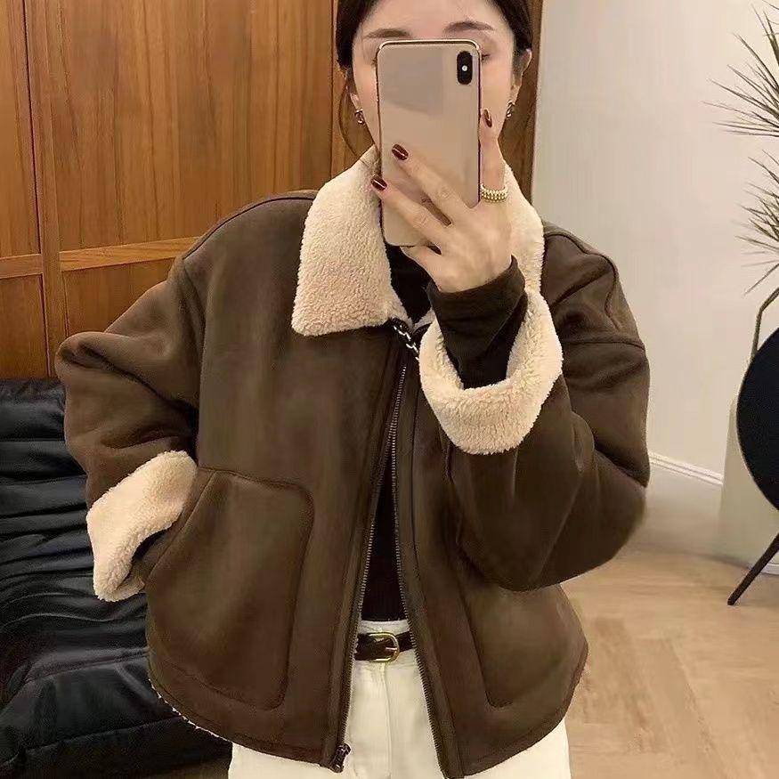 Women's European Shearling Lambswool Biker Jacket - High-End Turn-Down Collar, Autumn Winter Versatile Coat