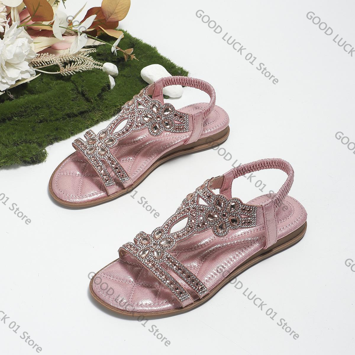 

Fashion Women Flat Rhinestone Sandals Bohemian Sandals 2025 Summer New Non Slip BeachElastic Low Heels Roman Sandals Sandalias Mujer 35 розовый