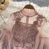 Danmo  Korean Style Chic Sexy Lace Blouse Women Long Lantern Sleeve Shirt Floral Elegant Mesh Blusas