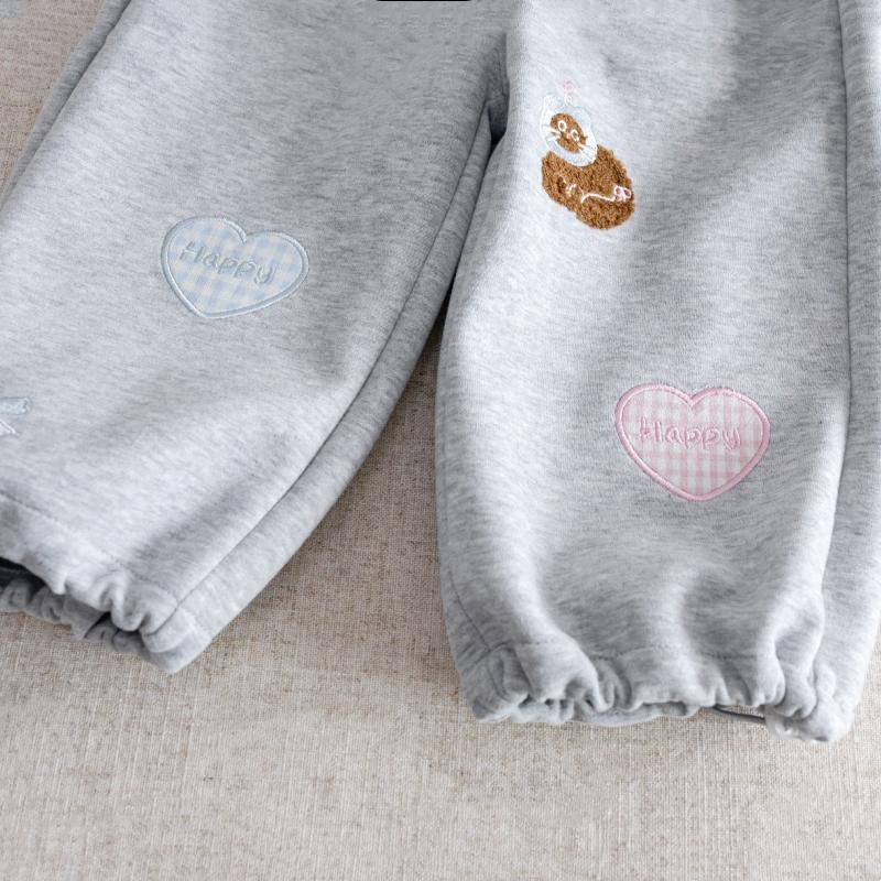 New Autumn Baby Girls' Grey Casual Sports Pants Cute Cartoon Embroidered Loose Versatile Pants Korean Children's Trousers