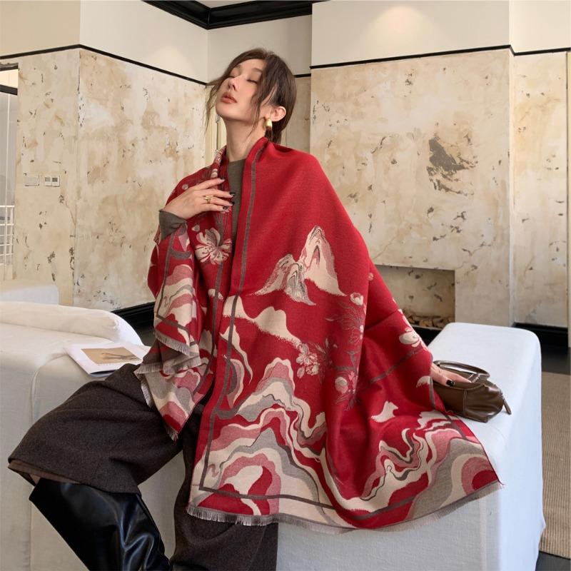 Autumn and winter new landscape begonia double-sided jacquard scarf elegant atmosphere shawl women's thickened warm scarf