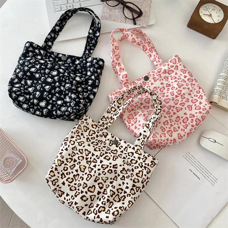Korean-style Simple Canvas Bag Fashionable Leopard Print Shoulder Bags Lightweight Large-capacity Tote Bags Retro Lunch Handbags