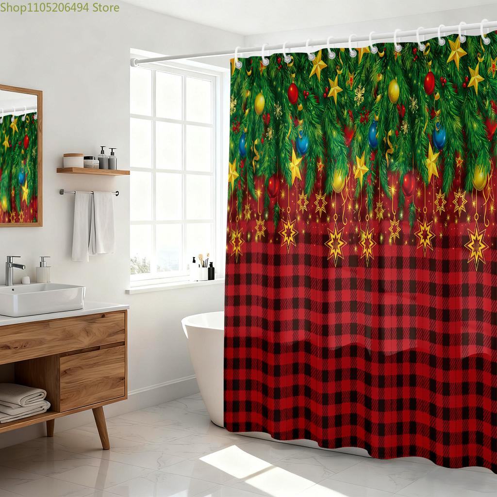 1pc Christmas Green Grid Print Waterproof Shower Curtain Partition Privacy Hanging Curtain 12 Hook Multiple Sizes