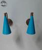 Handcrafted Brass Wall Sconce Set: Mid-Century Modern Blue Cone Lights