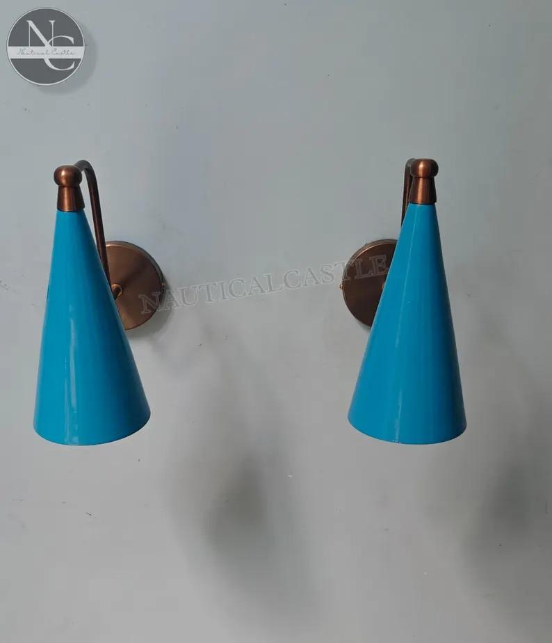 Handcrafted Brass Wall Sconce Set: Mid-Century Modern Blue Cone Lights