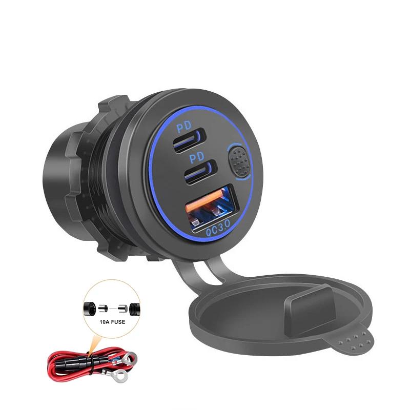 USB C Car Charger Socket 12V USB Outlet 58W RV USB Outlet Dual PD USB-C QC3.0 Car USB Port with Button Switch for Car RV Boat