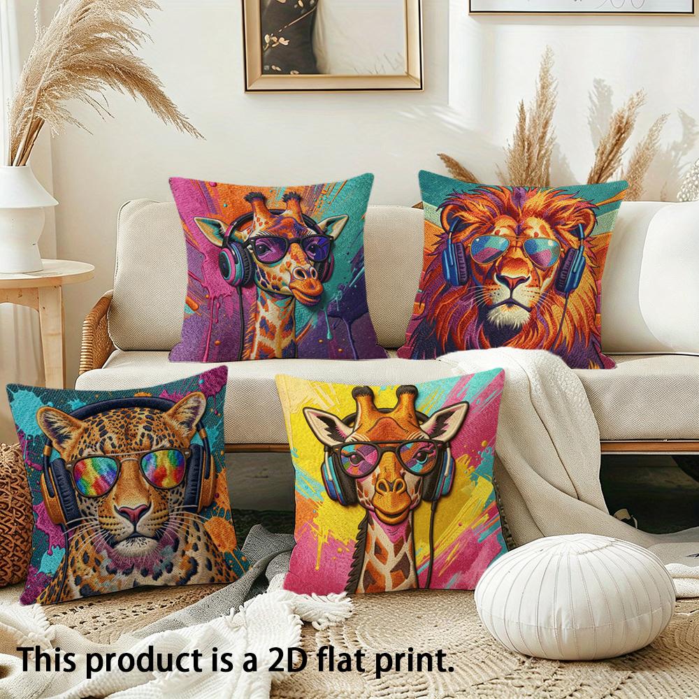 1/4pcs Colorful Animal Head Pillows with Sunglasses and Headphones Sofa Cushion Cover Home Bedroom decoration,2D Flat Printing