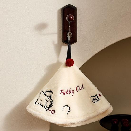Hand Towel with Hangable Lanyard Coral Velvet Quick Drying Water Absorption Soft Skin-Friendly Cute Cat Dog Embroidery Durable Kitchen Bathroom Use