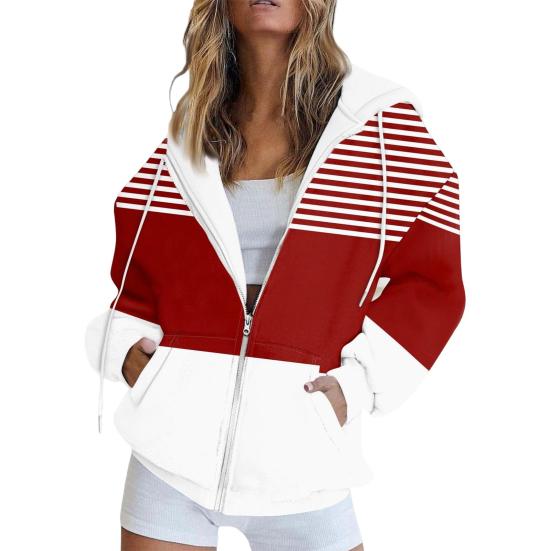 Women Fall Winter Hoodie Jacket Zipper Closure Loose Casual Striped Coat with Pockets Drawstring Hooded Long Sleeves Top