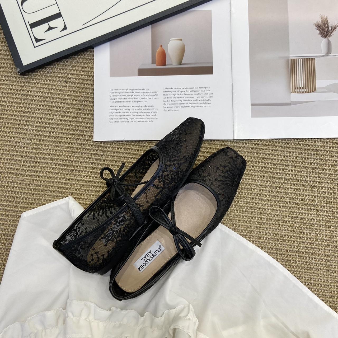 

Late Evening Breeze Flat Bow Mary Jane Single Shoes Women Wear Summer Mesh Breathable Fairy Ballet Shoes 39 чорний