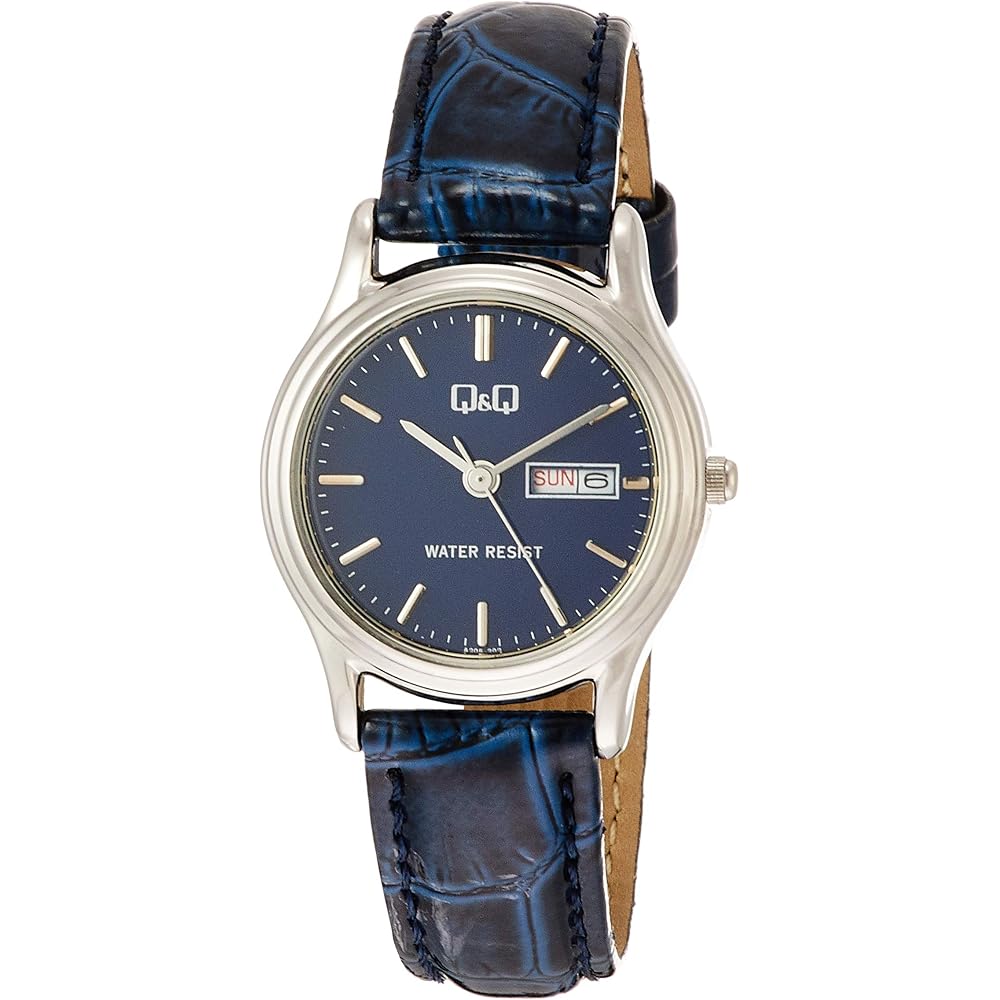 

Citizen Q&Q Analog Waterproof Watch Date Day Leather Strap A205-302 Women s Navy