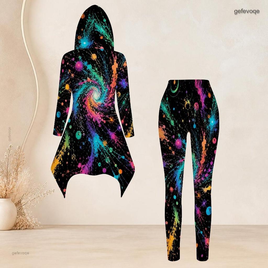 Women Plus Size Hooded Long Sleeve High Low Top Fitted Pants Green Beige Printed Two Piece Set