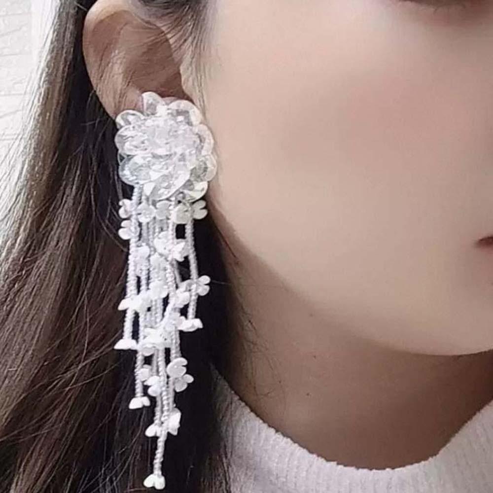Rhinestone Floral Tassel Earrings Luxury Long Ear Drop Brilliant Crystal Beads Ear Drop  Party