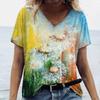 Women Short Sleeves V-Neck T-Shirt Oversized Beautiful Clothing Loose T Shirt Clothing Woman Flowers Print Top Pullover Outdoor