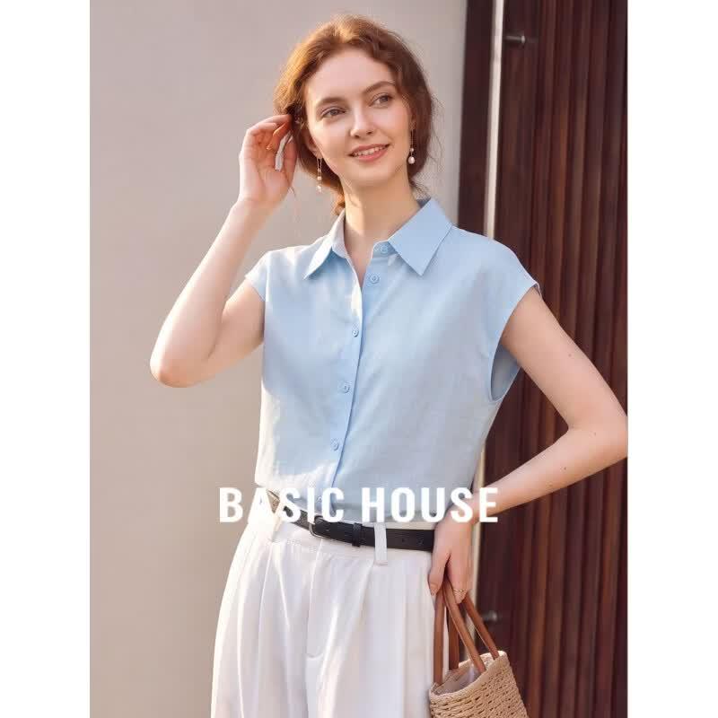 Basic House Women s Linen Blend Flutter Sleeve Shirt S