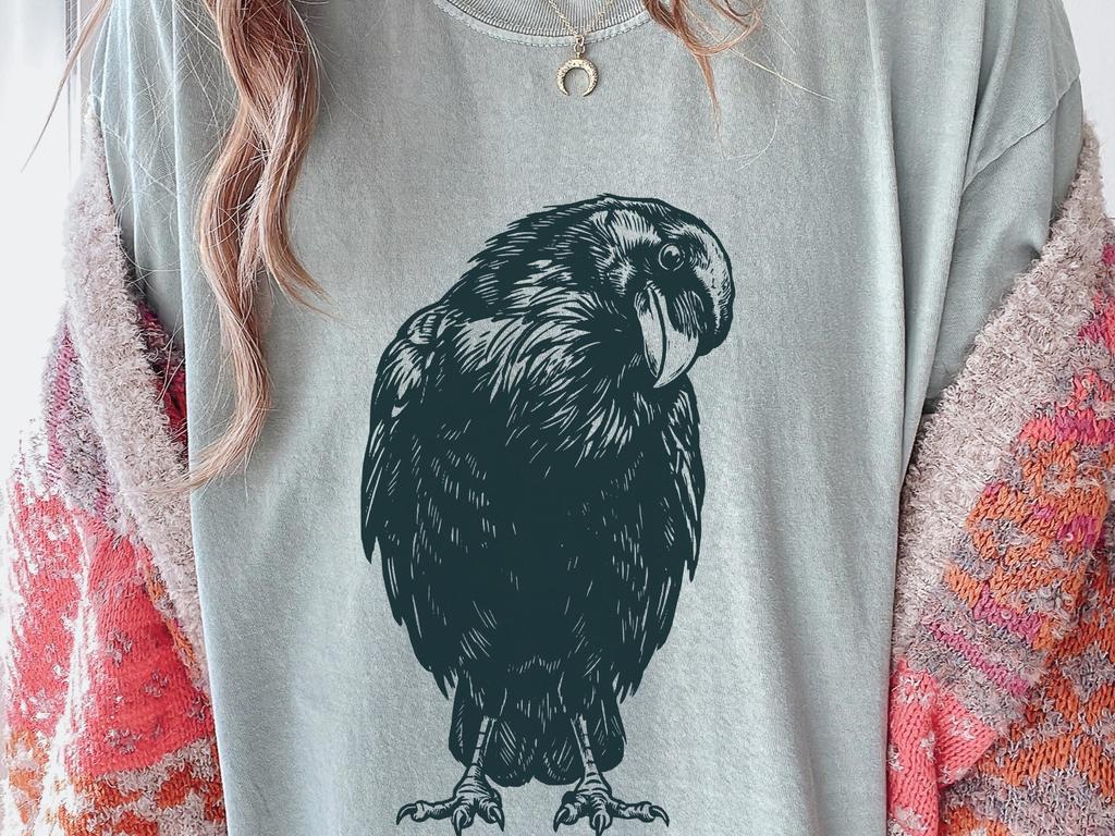 Minimalist Raven T-Shirt, Linocut Woodcut Engraving Style Tee, Gothic Crow Ink, Dark Aesthetic Bird Graphic, Moody Raven Art Gift