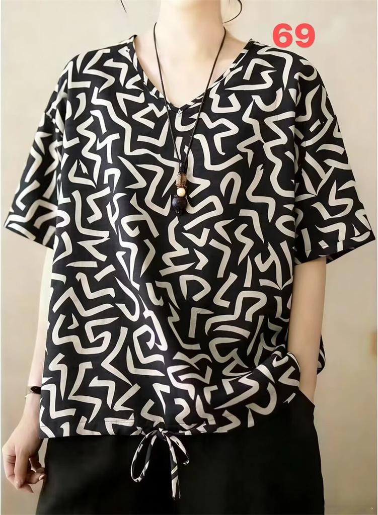 Summer Printed Short-sleeved T-shirt V-neck Cotton and Linen Loose Large-size Women's Top T-shirt Cotton and Linen Shirt