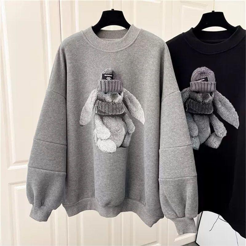 Sweater Women's Plus Velvet Thickened Tide Bear Round Neck Sweater Jacket Head