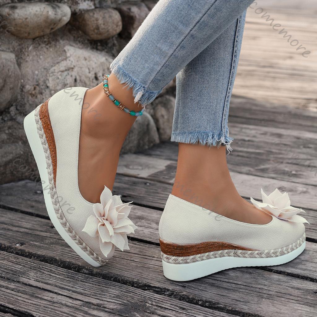 Fashion Comemore Flower-patterned Women Pumps Spring Summer Casual Wedge High Heels Slip On Loafers Flat Bottom Single Shoes for Women