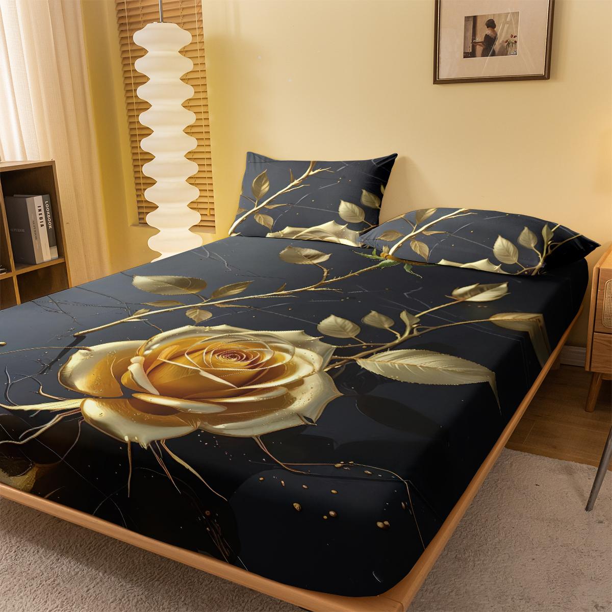 

1 Simple modern Plant Flower Golden Rose digital printed frosted Fitted Sheet,bedroom printed bed cover,bedding(No pillowcase) 71x132cm