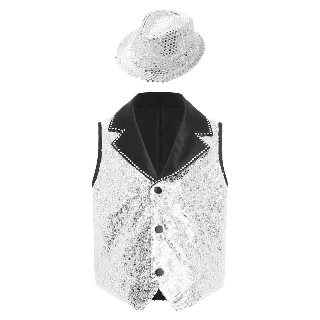 Boys Contrasting Lapel Collar Sleeveless Shiny Sequin Vest Sequined Hat Jazz Dance Performance Set