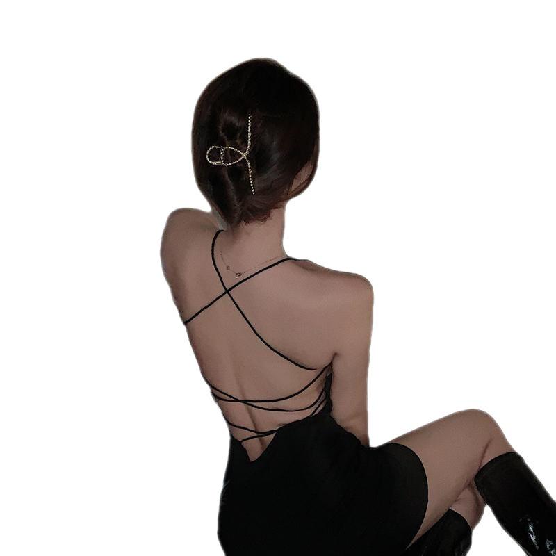Chic Black Backless Spaghetti Strap Dress for Women - Spring/Summer 2022 Bodycon Slim-Fit