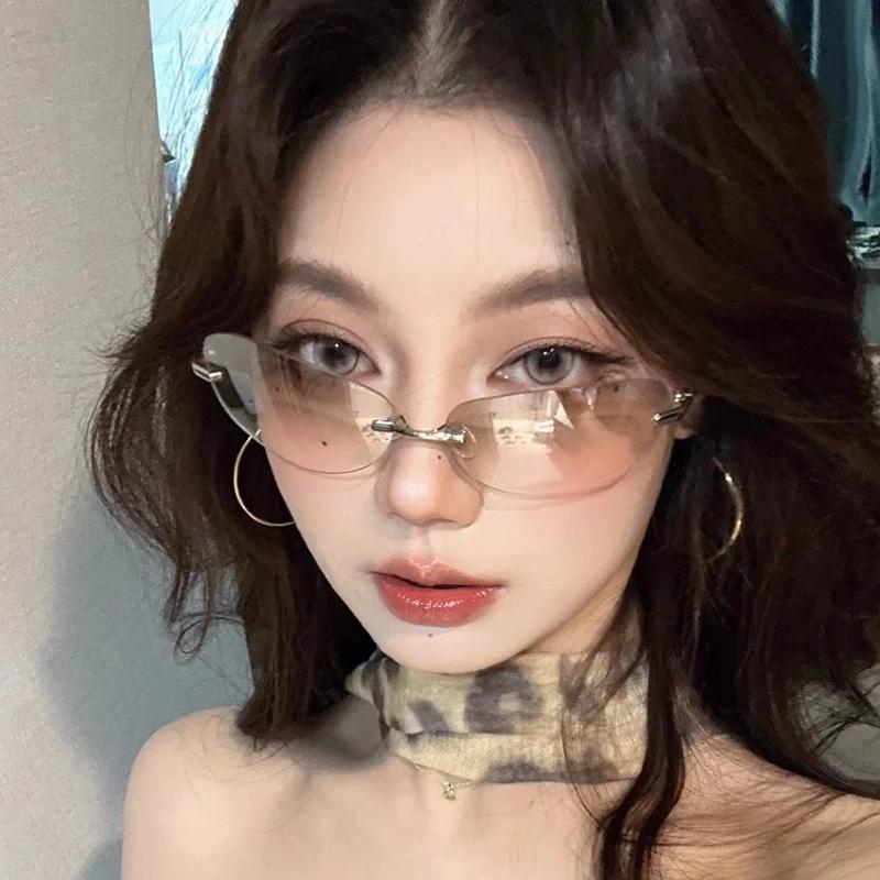 Luxury Brand Designer Y2K Rimless Oval Sunglasses for Women Men UV Protection Sun Glasses Punk Popular Goggle Shades