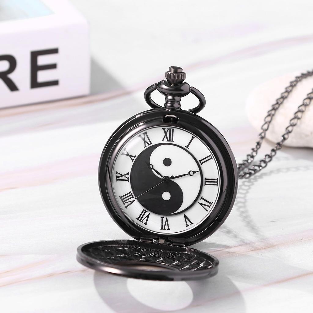 Montre de poche Taiji Bagua Yin Yang Pendentif Antique Montre à affichage analogique Étanche Montre de poche Style chinois Collier Chaîne de pull Noir Anniversaire