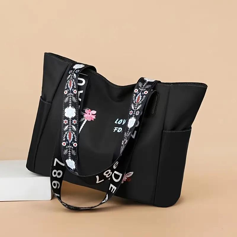 Flower Embroidery Tote Bag, Fashion Oxford Cloth Handbag, Large Capacity Shoulder Bag For Women