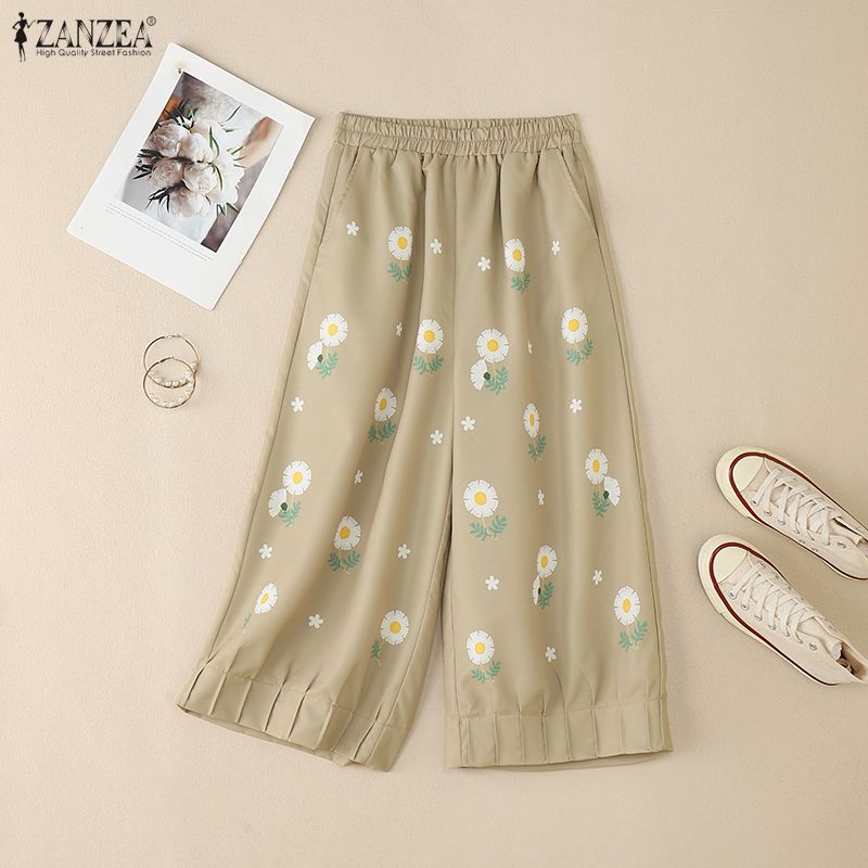 ZANZEA Women Summer Elaatic Waist Loose Casual Floral Croppe Pants
