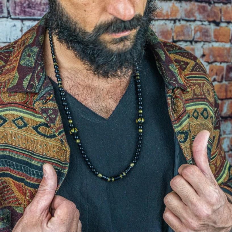 Collana Etnica da Uomo con Perline Tibetane in Agata Nera - Stile Retrò Regalo per Surfer