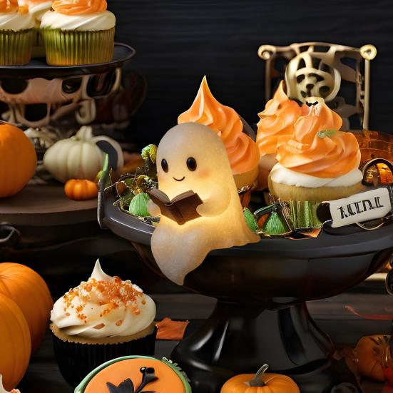 Cute Ghost Reading Lamp LED Sitting Ghost Reading A Book Night Light for Halloween Bathroom Bedside Decor