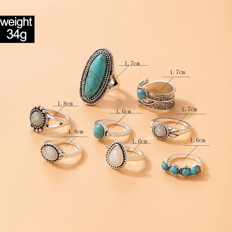 Ethnic style vintage turquoise carved feather ring fashion personality 8-piece combination ring set