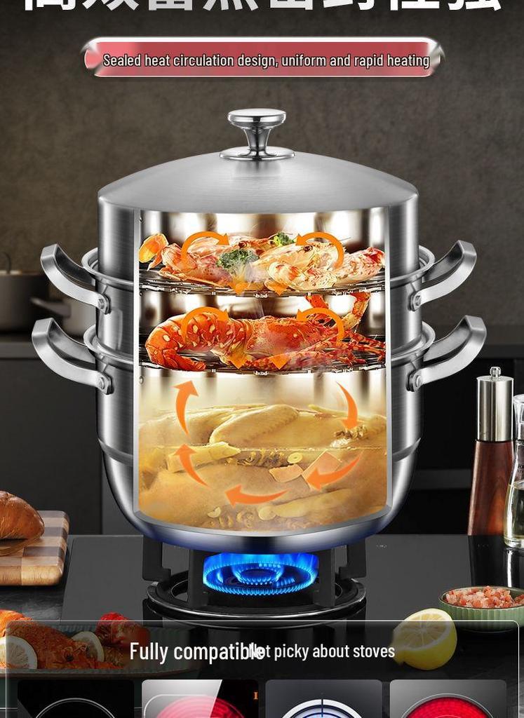 316 Stainless Steel High-Rise Steamer Pot, Extra Thick, Food-Grade, Large Capacity, Versatile 3-4 Layer Soup Pot