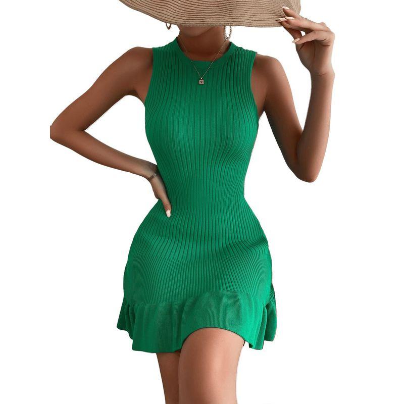 

2025 Sleeveless Solid Striped Patchwork Hip Hugging Dress Green M