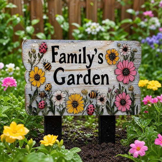 Floral Garden Sign with Stake, Farmhouse Garden Sign, Colorful Flowers Yard Art Stake, Rustic Welcome Sign for Home Garden Pathway Planter Decor