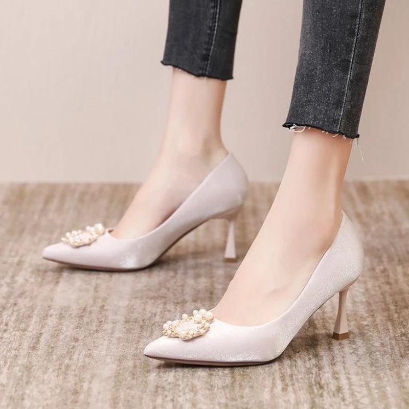 Fashion Ladies Pumps On Heeled with Crystals Pointed Toe Pearl Diamond Rhinestone Stilito Women's Shoes High Heels 39 Genuine Mark Sale