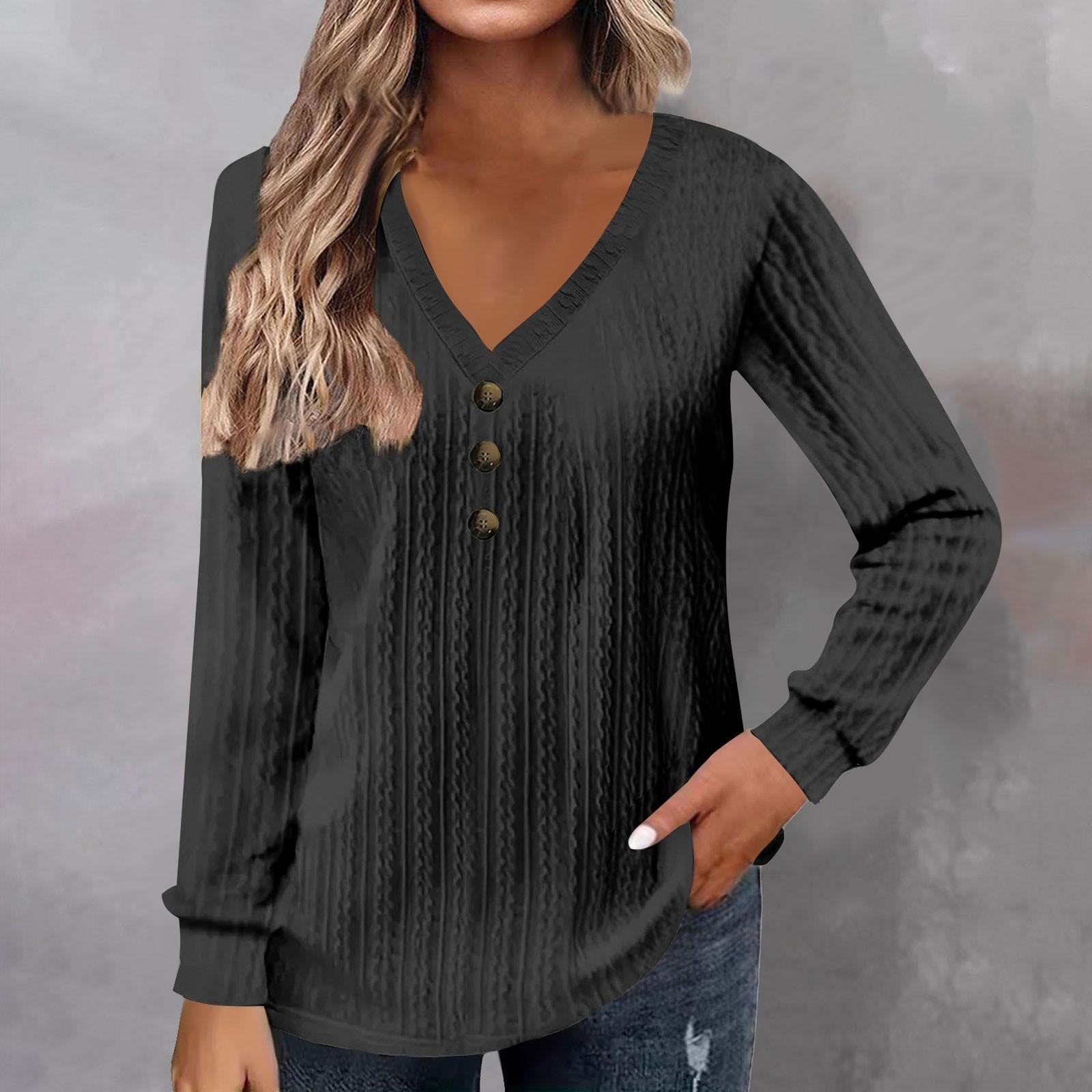 

Женская мода с длинным рукавом однотонная футболка с v-образным вырезом и пуговицами повседневный топ с принтом XXXL чёрный