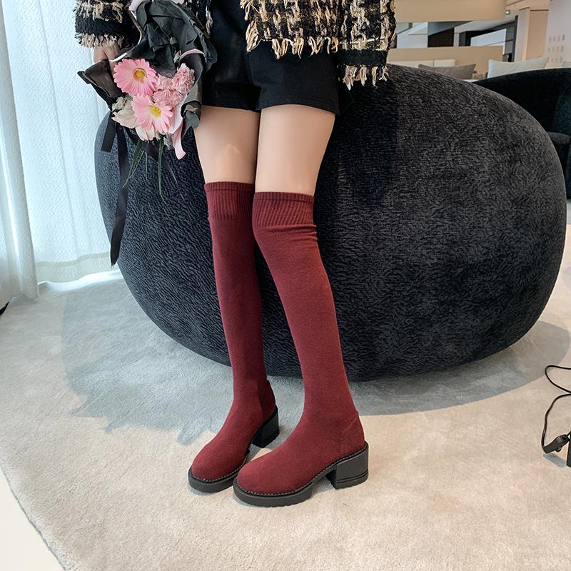 Stivali Lunghi A Tubo Elasticizzati Donna Taglie Forti 35-42 Tacco Spesso Stivali Lunghi Donna Comodi Senza Lacci Slim Alti Botas Mujer