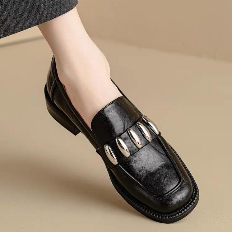 British Style Vintage Slip on Loafers for Women 2025 Spring and Autumn Soft Leather Square Toe Chunky Heel Loafers Shoes