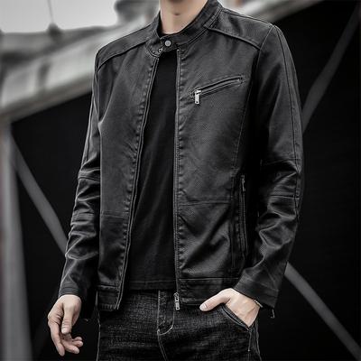 Jesienna i Zimowa Męska Casualowa Kurtka Skórzana Męska Kurtka Motocyklisty Wersja Koreańska Dopasowana Młodzieżowa Kurtka ze Skóry PU Cienki Aksamit