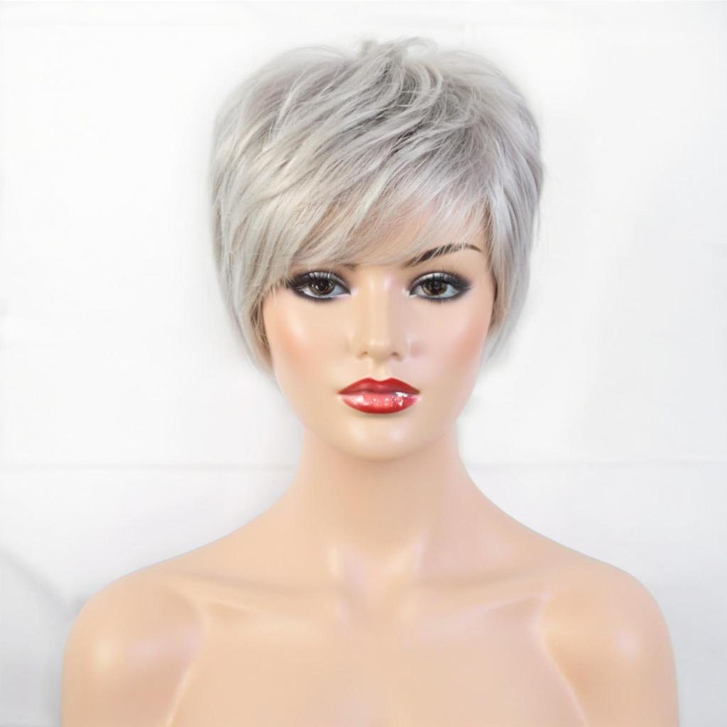 Elderly Women's Daily Wig, Silver Gray Short Pixie Cut with Wispy Bangs High-Temperature Fiber Synthetic Hairpiece