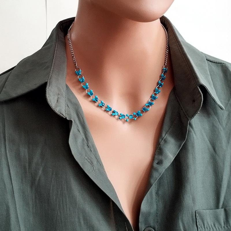 Titanium Titanium Steel Blue Rice Beadsloga Clavicle Chain