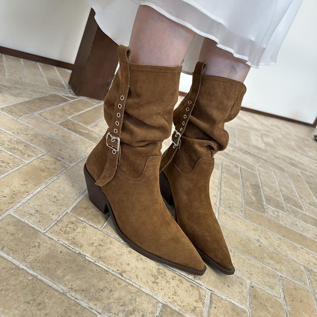 Retro style heightened and thin pleated stacking boots brown Maillard medium boots women's thick heel western cowboy boots short boots
