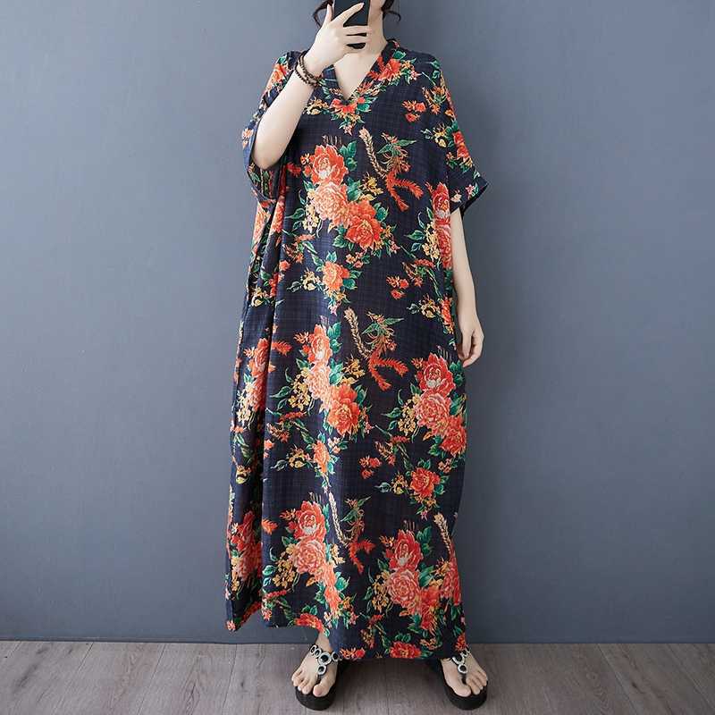 Vestido de Algodón Lino de Verano Color Viaje Cuello en V Retro Falda Larga