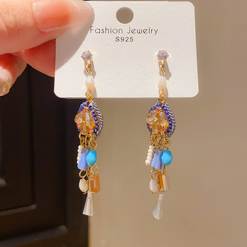 Retro Silver Needle Zircon Glass Water Drop Earrings Court Temperament Stud Earrings Personality Trend Versatile Earrings Women