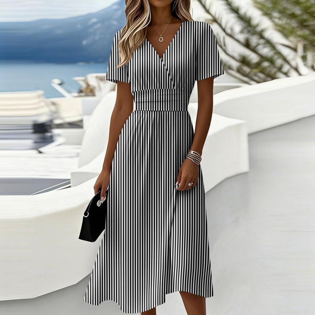 Damen-Gestreiftes Print-Kleid mit V-Ausschnitt und kurzen Ärmeln - Lässige Sommer-Modekleider für Damen