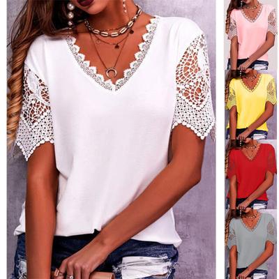 Women's Fashion Lace Patchwork Loose V-Neck Short Sleeve T-Shirt