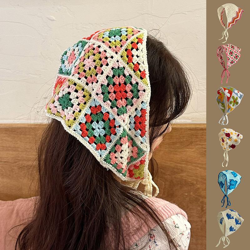 

Женская повязка на голову треугольный шарф вязаный крючком платок полый цветок милый ретро пастораль французский