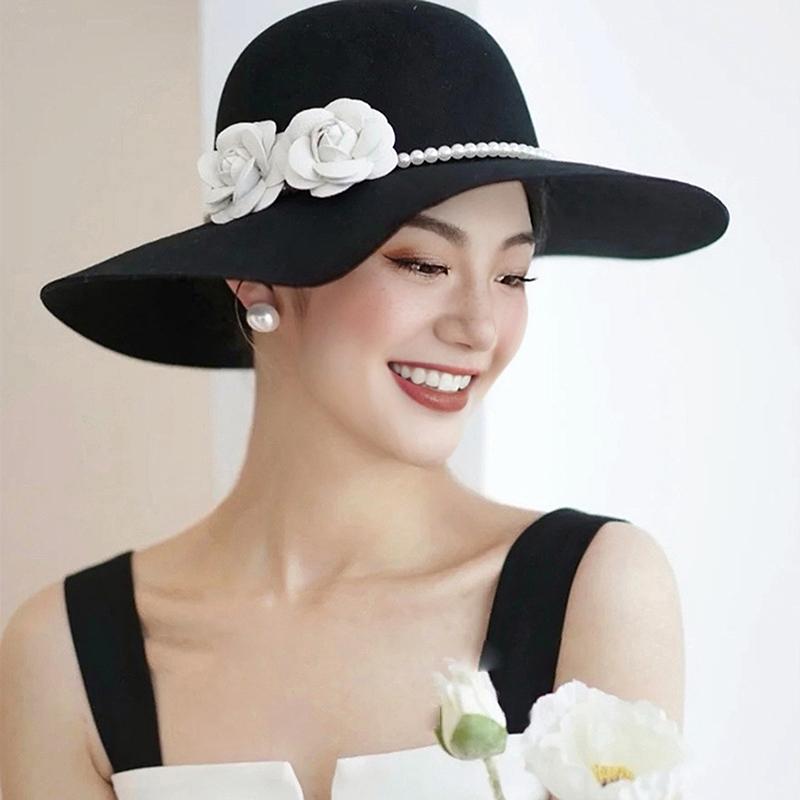 Zealous Sole Women's Black Elegant Fedoras Hats For Pearls Flower Decor Floppy Brim Church Wedding Dress Fascinator Hat Vintage Wide Brim Caps Cm